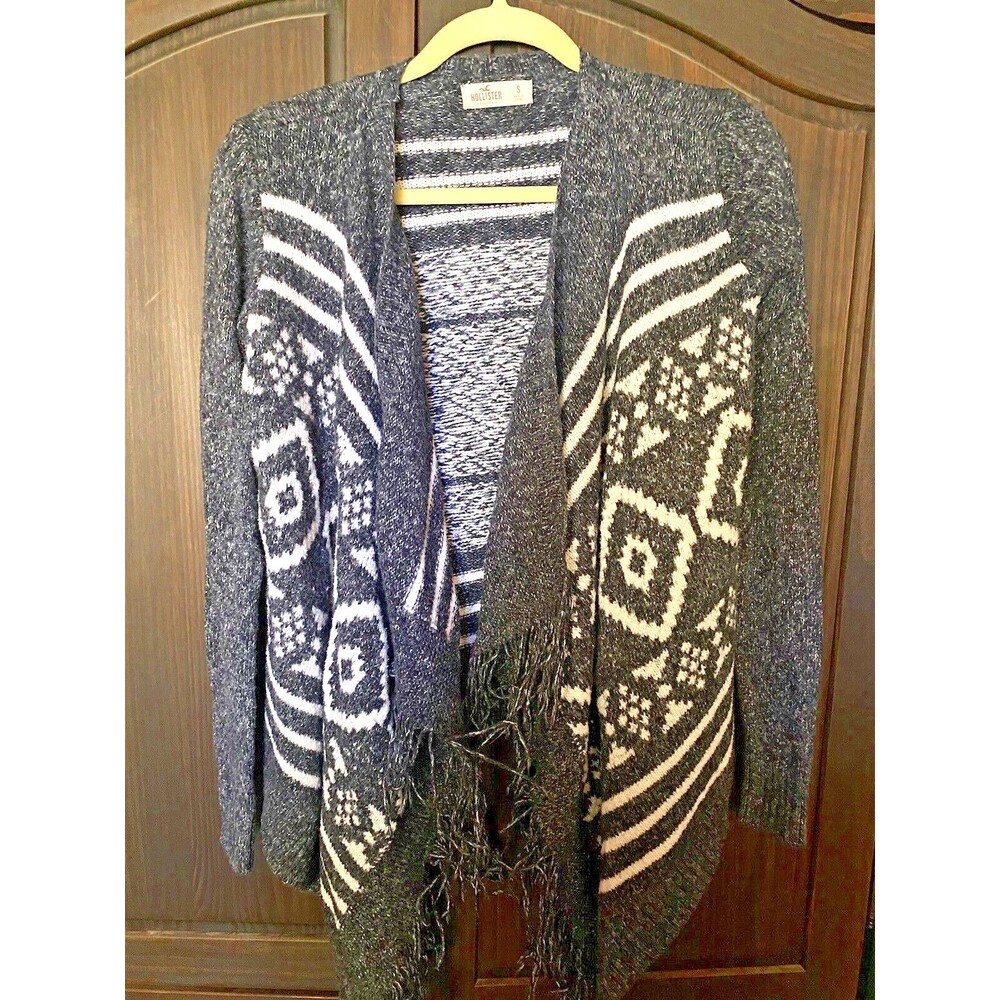 Hollister Cardigan Womens Size Small Blue and White Open Front Fringe LS Sweater